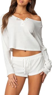 EDIKTED Teddy Waffle Knit Crop Henley