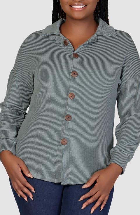 Textured Stripe Knit Button-Up Shirt (Plus)