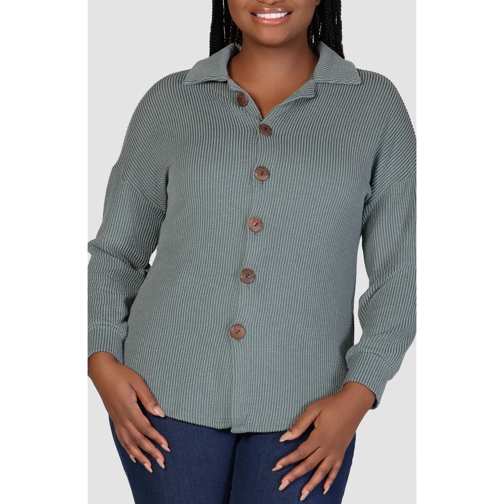 Shop 24seven Comfort Apparel Textured Stripe Knit Button-up Shirt In Green