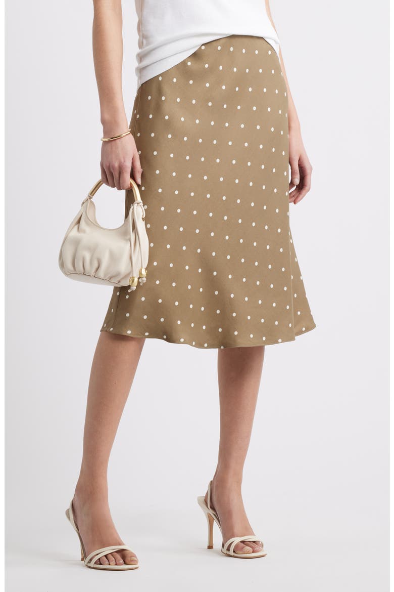 Bias Cut Satin Midi Skirt, Alternate, color, OLIVE- IVORY TOFU ARMEN DOT