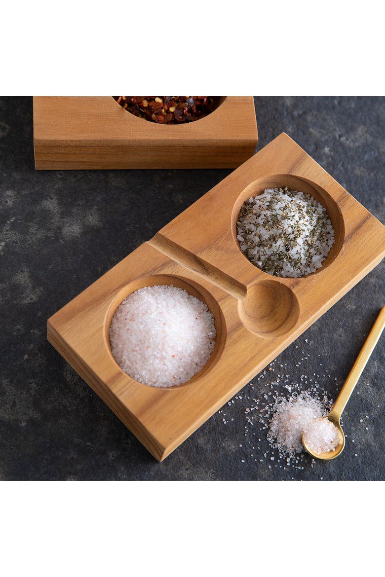 Teak Plank Salt and Pepper Cellar with Gold Spoon, Alternate, color, Natural
