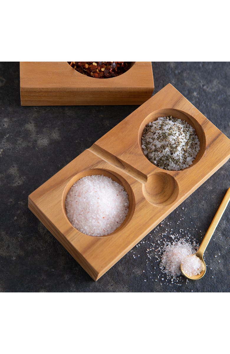 Be Home Teak Plank Salt and Pepper Cellar with Gold Spoon, Alternate, color, Natural