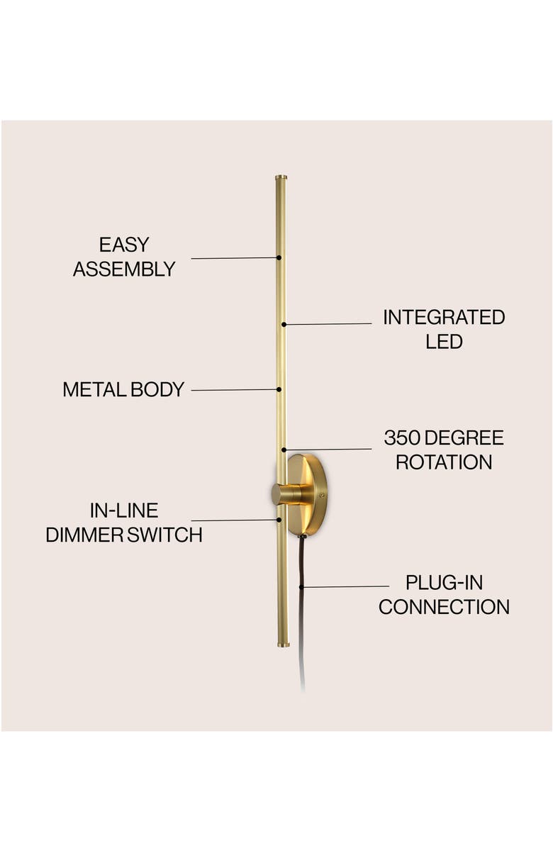 JONATHAN Y Anton 1-Light Modern Minimalist Iron Adjustable Bar Integrated LED Plug-In Sconce, Alternate, color, Brass Gold