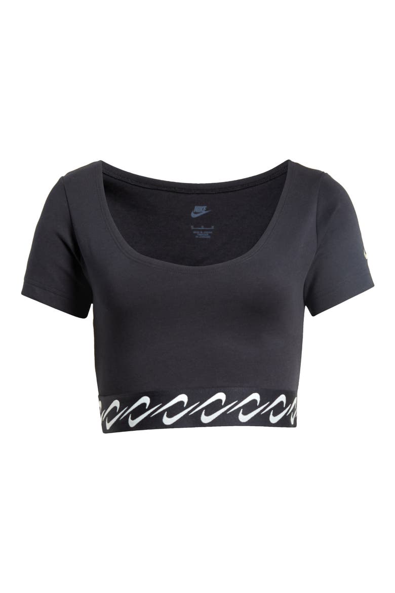 Essentials Swoosh Taping Crop T-Shirt, Alternate, color, BLACK/ SAIL