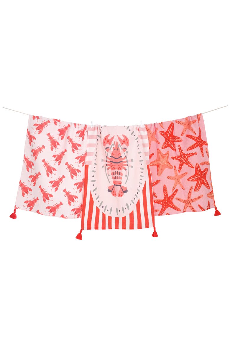 Set of Three Coastal Lobster Kitchen Towels, Main, color, CORAL RED/ LIGHT PINK