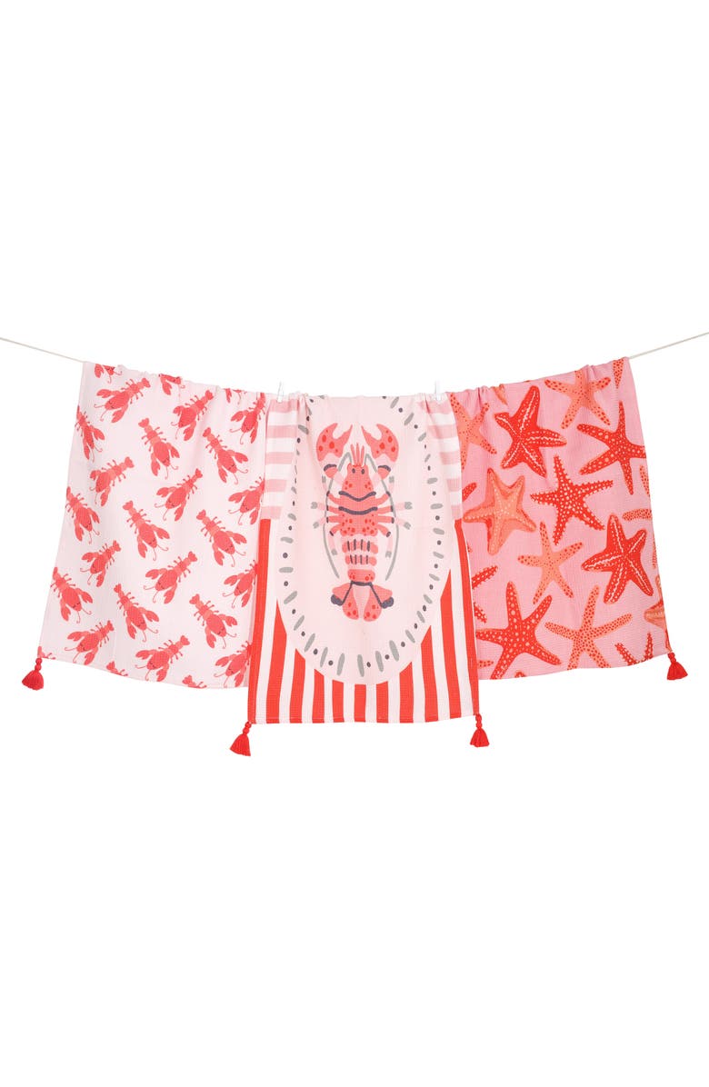 Tiramisu Set of Three Coastal Lobster Kitchen Towels, Main, color, Coral Red/ Light Pink