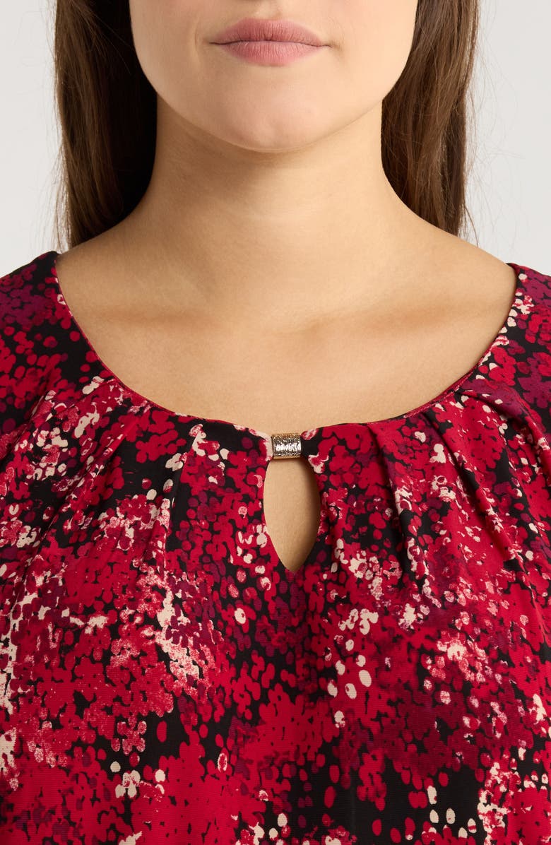 KASPER Pleated Three-Quarter Sleeve Top, Alternate, color, Red/ Black Multi