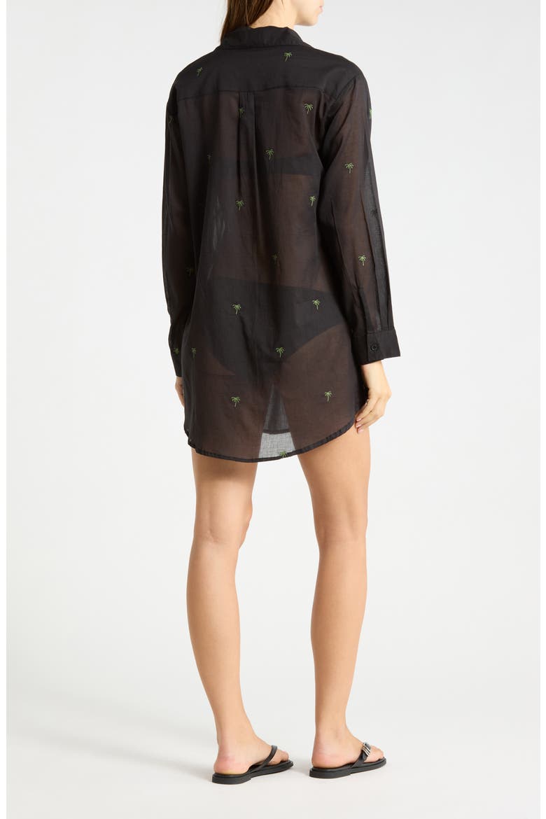 Palm Tree Embroidered Cotton Shirt Cover-Up, Alternate, color, BLACK
