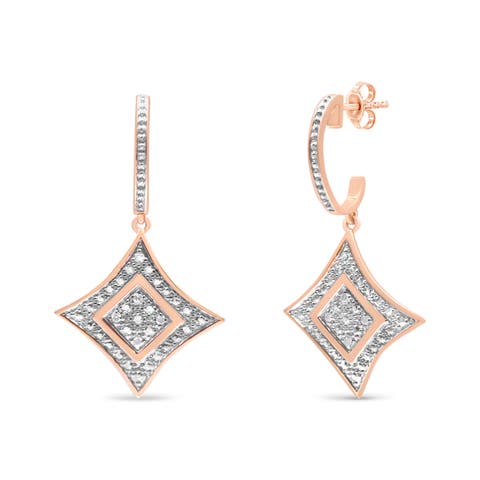 10K Rose Gold Plated Silver Round Diamond Cushion Dangle Earrings