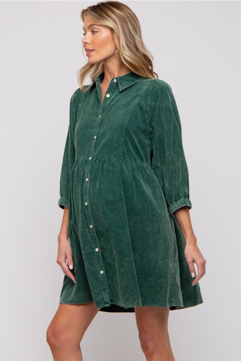 Corduroy Button Down Collared Dress, Alternate, color, Green
