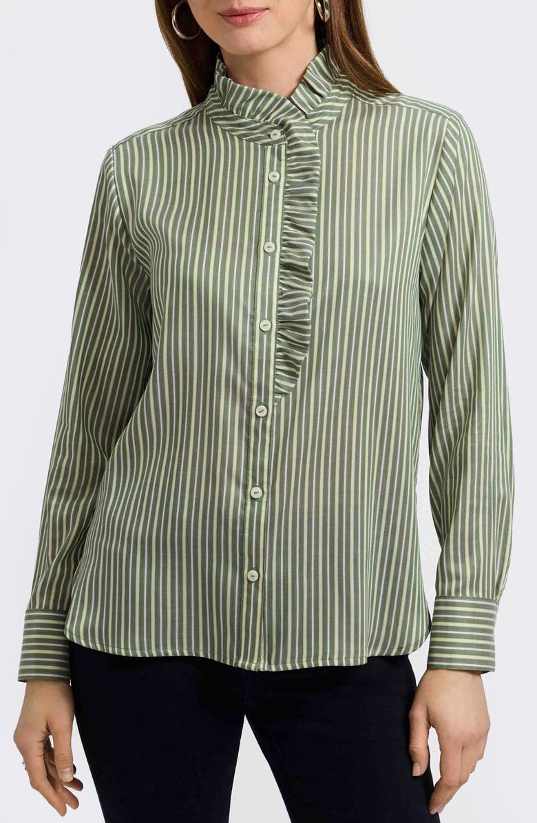 Foxcroft Sadie Stripe Ruffle Button-Up Shirt, Main, color, Basil Multi