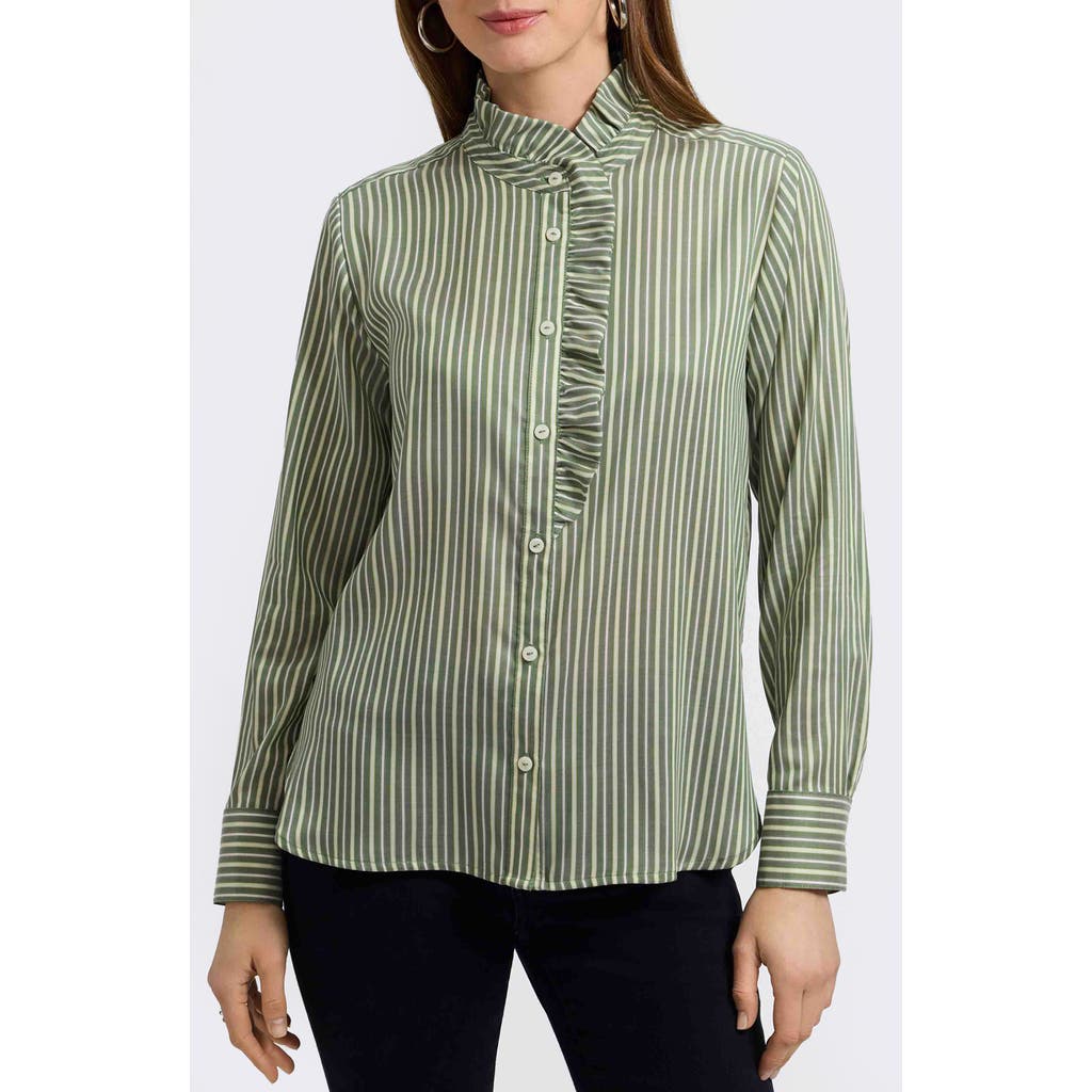 Foxcroft Sadie Stripe Ruffle Button-up Shirt In Green