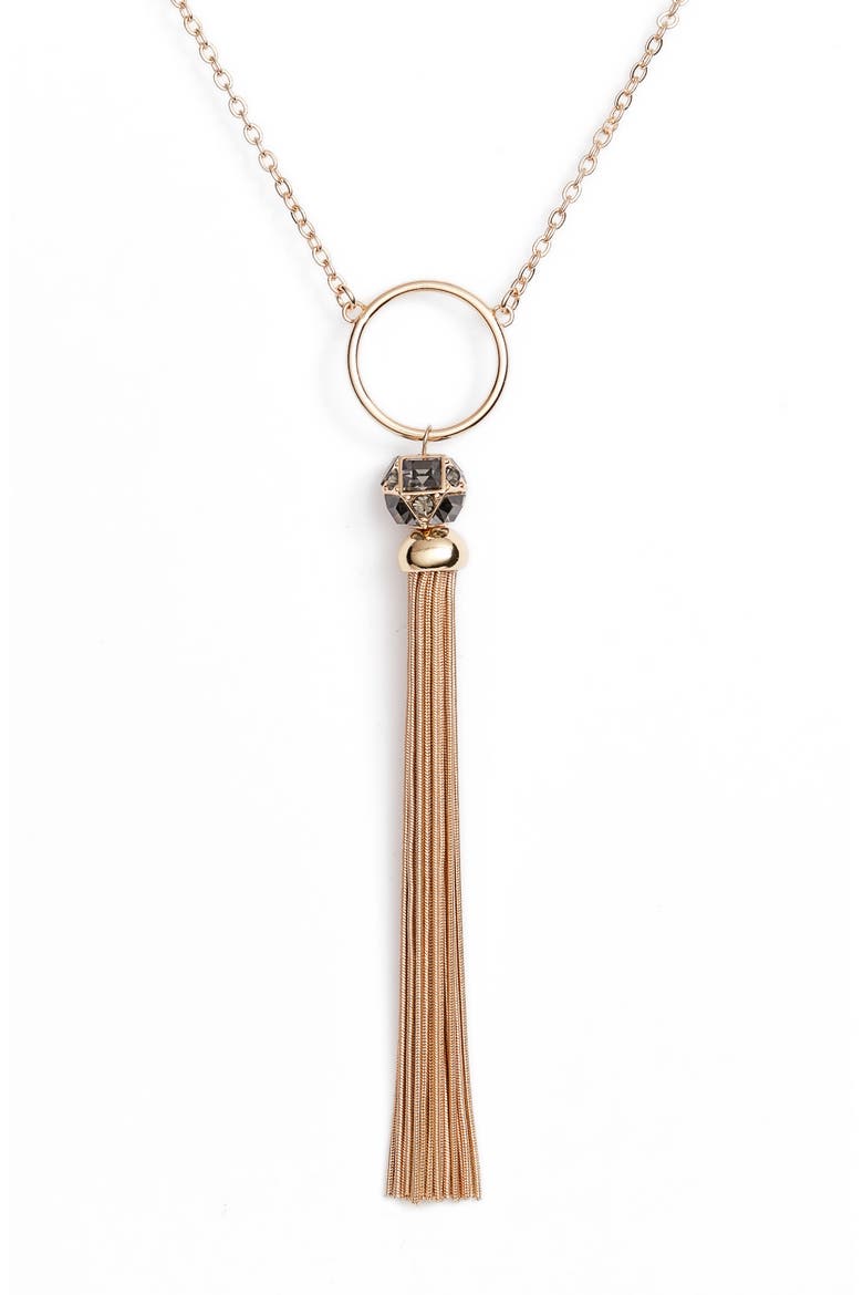 Long Fireball & Tassel Y-Necklace, Alternate, color, BLACK DIAMOND- GOLD