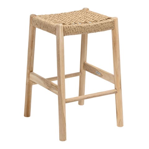 Armati Coastal Casual Handcrafted Teak Wood Backless Indoor/Outdoor Counter Stool with Synthetic Woven Seat