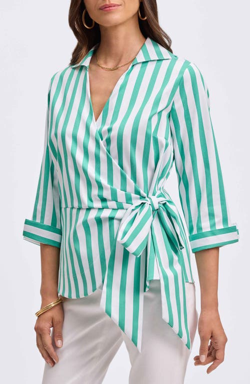 Foxcroft Salina Stripe Cotton Blend Wrap Shirt In Green