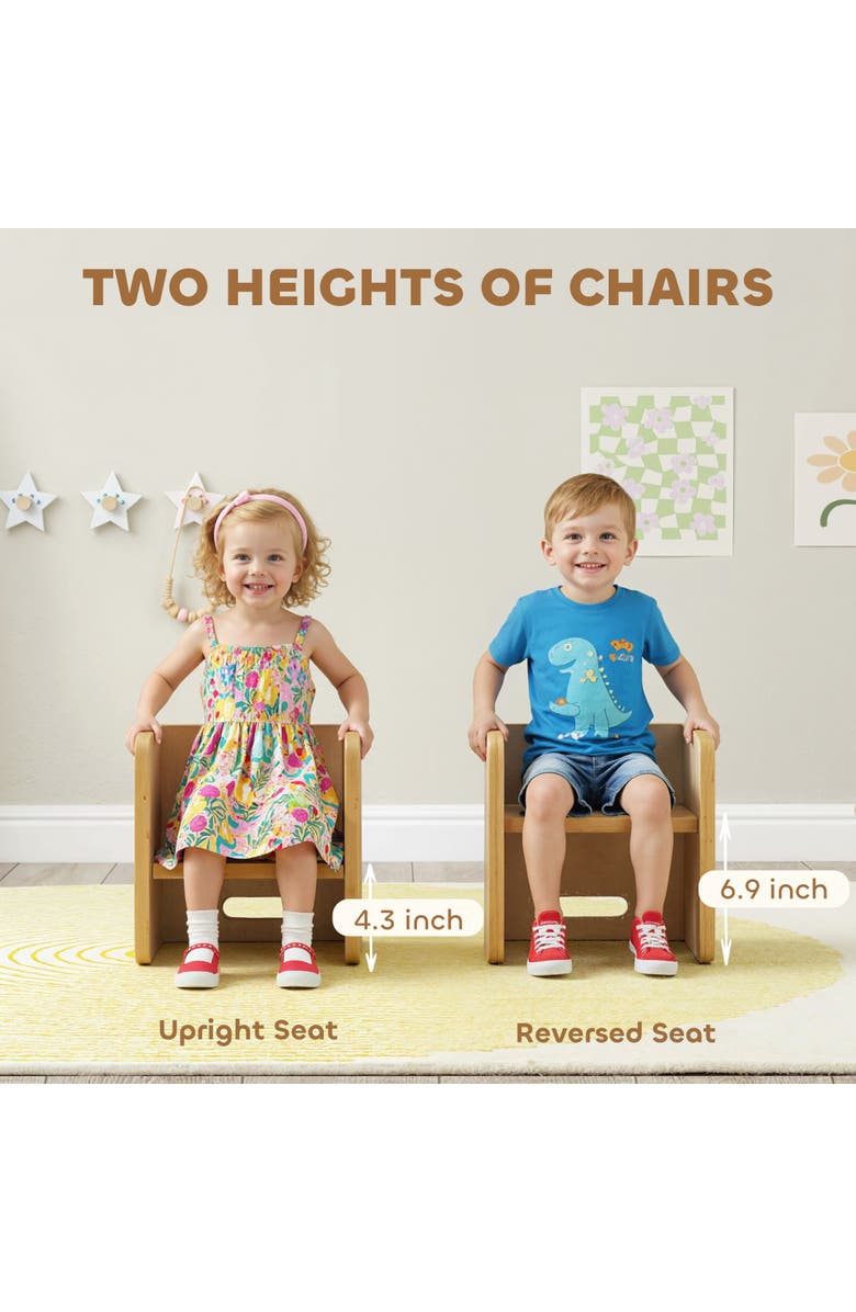 Qaba Toddler Table and Chair Set Wooden Activity Table with Two Kids Montessori Chairs for Ages Play Eating and Learning, Alternate, color, Natural Wood