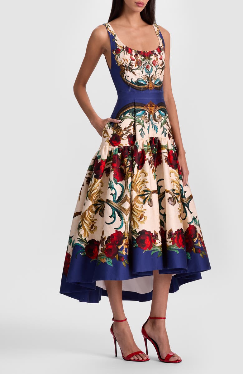 Alice + Olivia Diana Print High-Low Midi Dress, Alternate, color, Gilded Rose