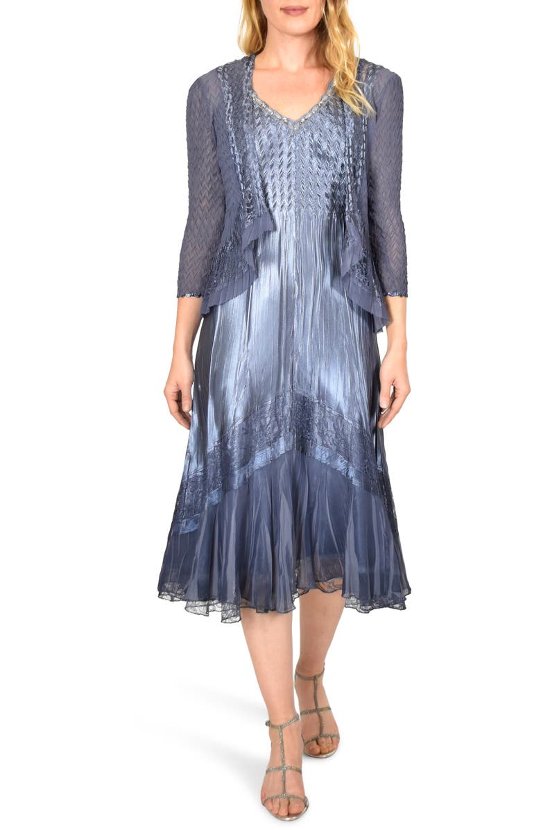 Komarov Embellished Charmeuse Midi Dress & Chiffon Jacket, Main, color, 