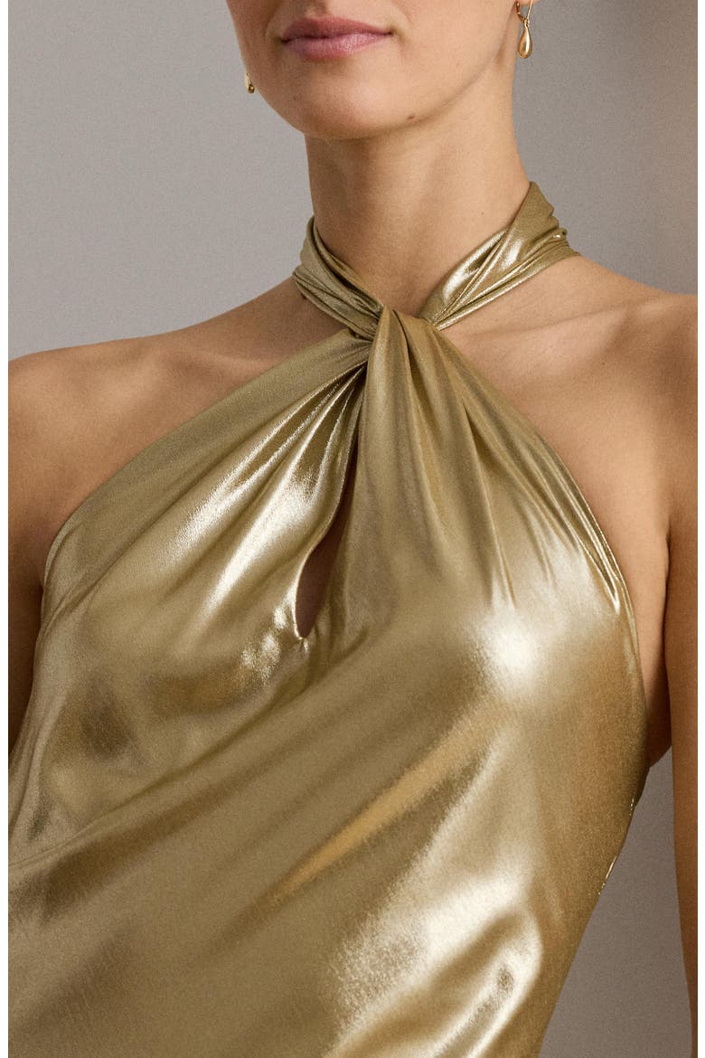 Metallic Chiffon Halter Neck Gown, Alternate, color, LIGHT GOLD FOIL/ MULTI