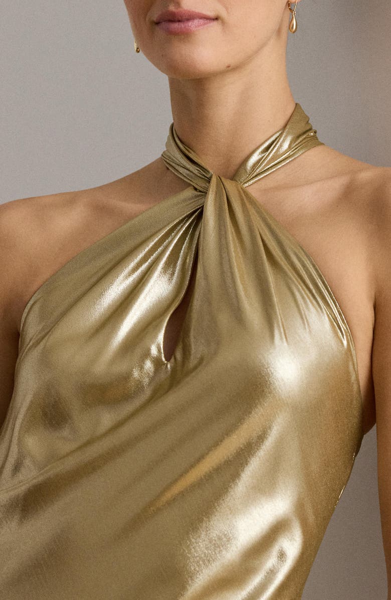Lauren Ralph Lauren Metallic Chiffon Halter Neck Gown, Alternate, color, Light Gold Foil/ Multi