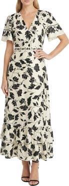 Maggy London Flutter Sleeve Tiered Ruffle Maxi Dress