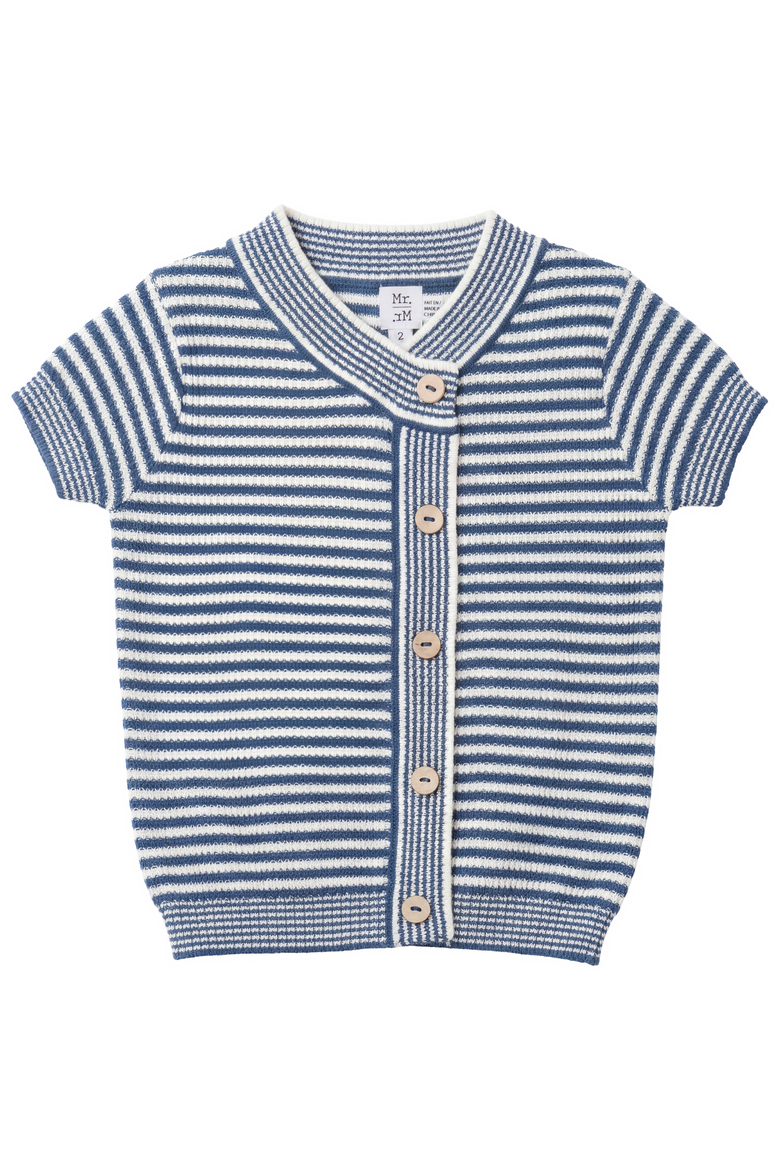 Wrapped Knit Short Sleeve Button Front Sweater, Main, color, Indigo/Ivory