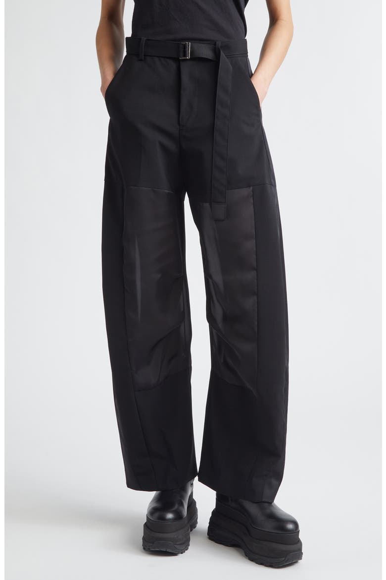 Belted Wool Suiting & Satin Barrel Leg Pants, Main, color, BLACK
