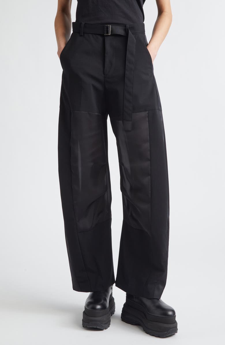 Sacai Belted Wool Suiting & Satin Barrel Leg Pants, Main, color, Black