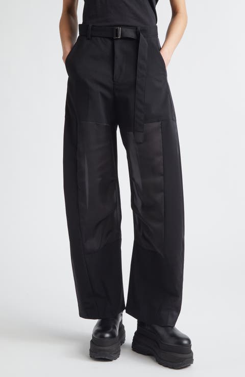 Belted Wool Suiting & Satin Barrel Leg Pants