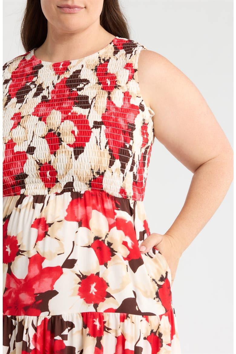 Print Smocked Bodice Tiered Maxi Dress, Alternate, color, WHITE DOVE MULTI