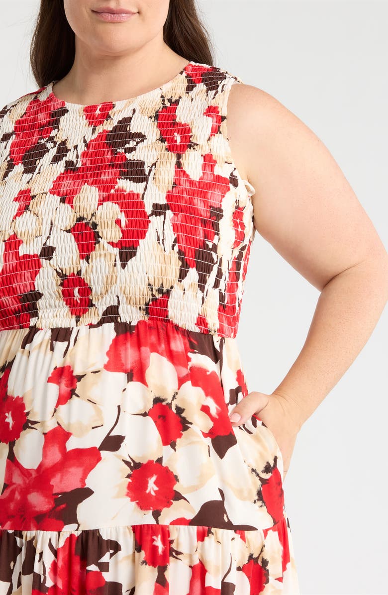 Anne Klein Print Smocked Bodice Tiered Maxi Dress, Alternate, color, White Dove Multi