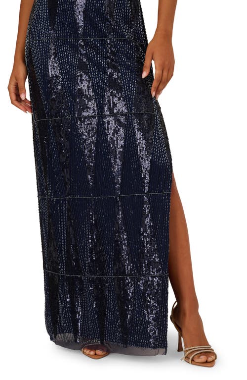 Aidan Mattox Plunge Neck Beaded Gown In Black