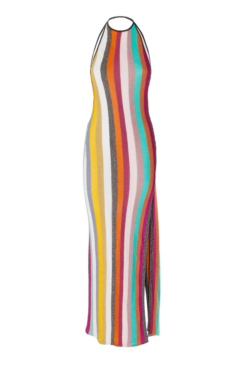 Long Dress In Striped Ribbed Knit Lamé, Alternate, color, Multicoloured