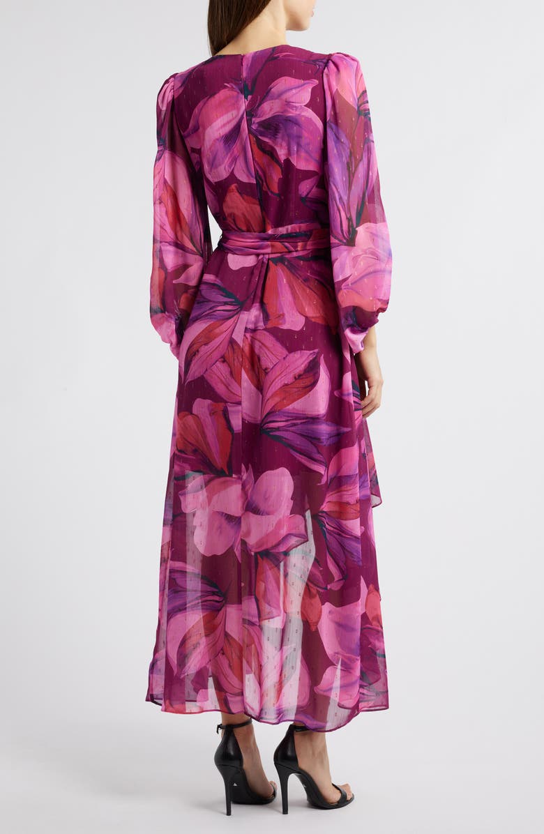 Eliza J Metallic Fleck Floral Long Sleeve High Low Dress, Alternate, color, Berry