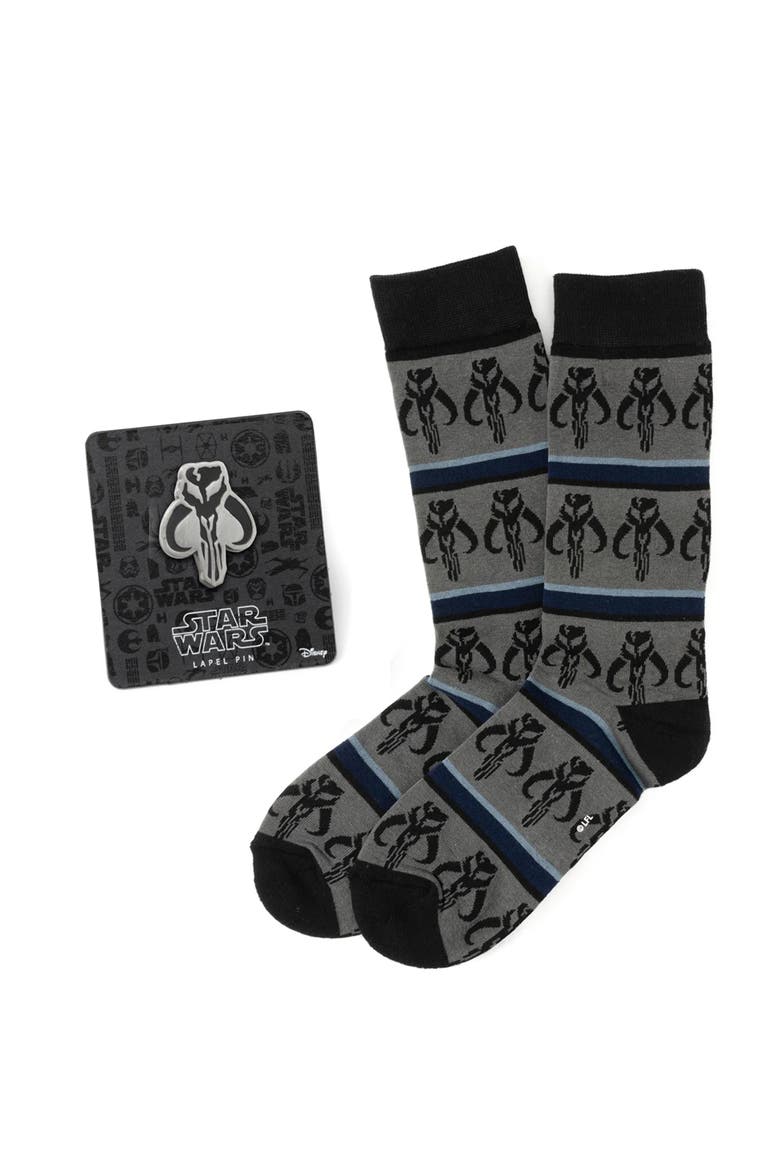 Mandalorian Mythosaur Crew Socks & Lapel Pin Gift Set, Main, color, GREY MULTI