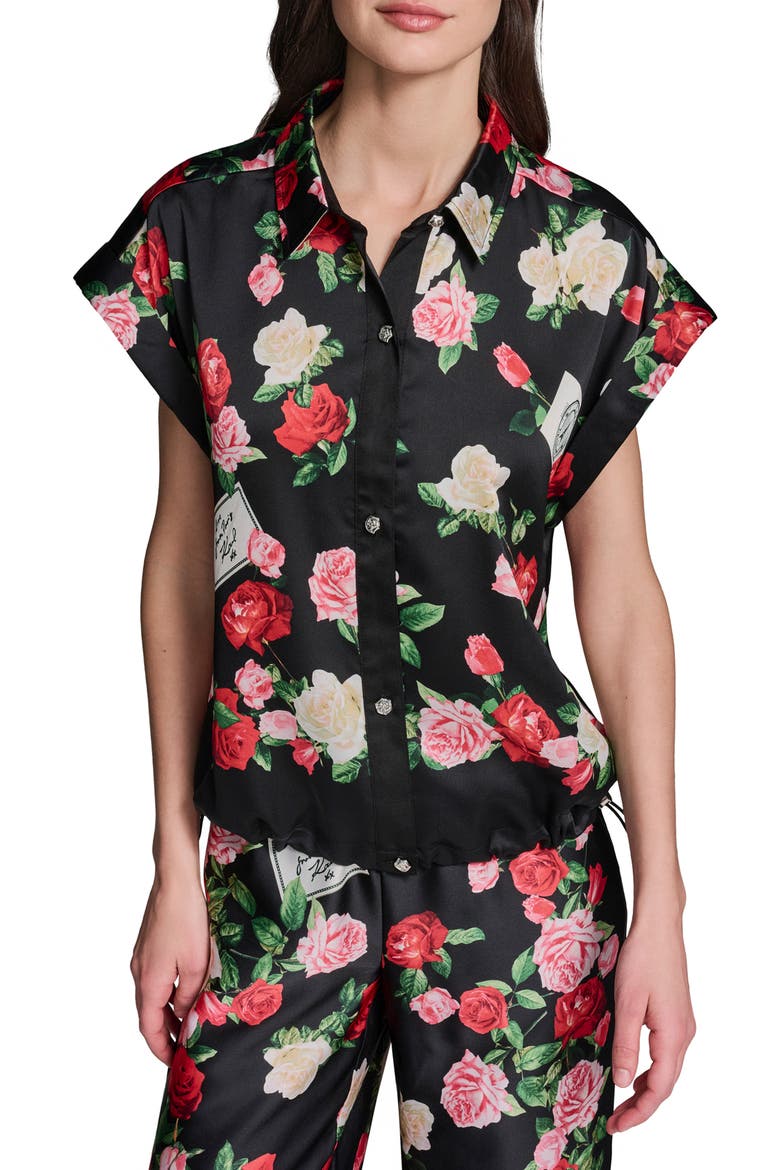 Rose Print Button-Up Shirt, Main, color, BLACK MULTI