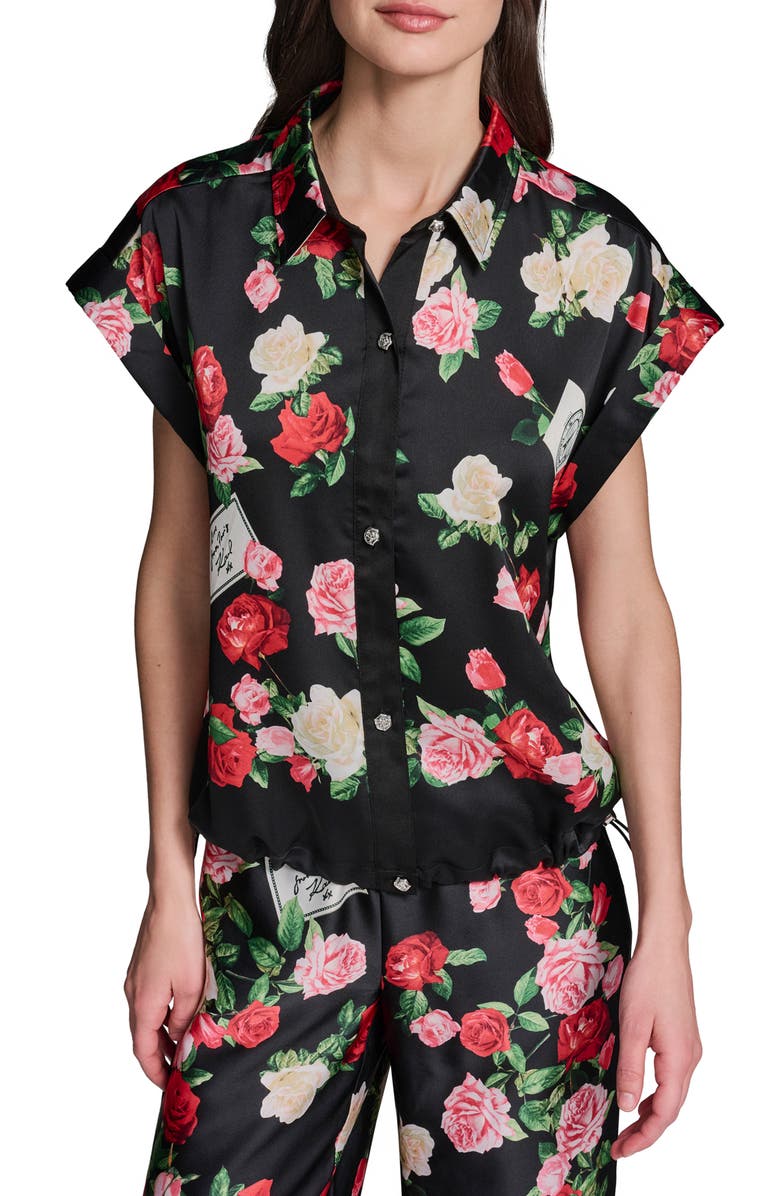 KARL LAGERFELD PARIS Rose Print Button-Up Shirt, Main, color, Black Multi