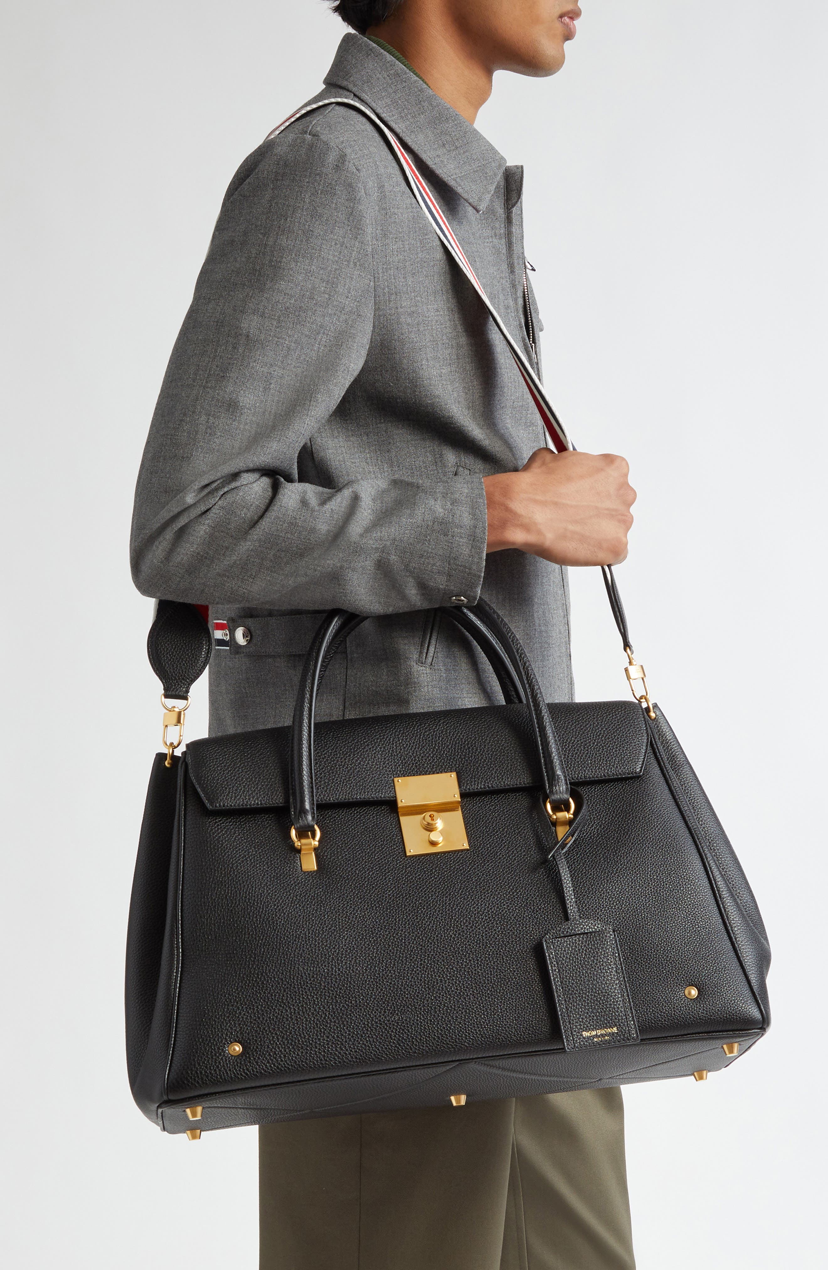 Thom Browne Mr. Thom Soft Pebble Grain Leather Luggage Bag, Alternate, color, Black