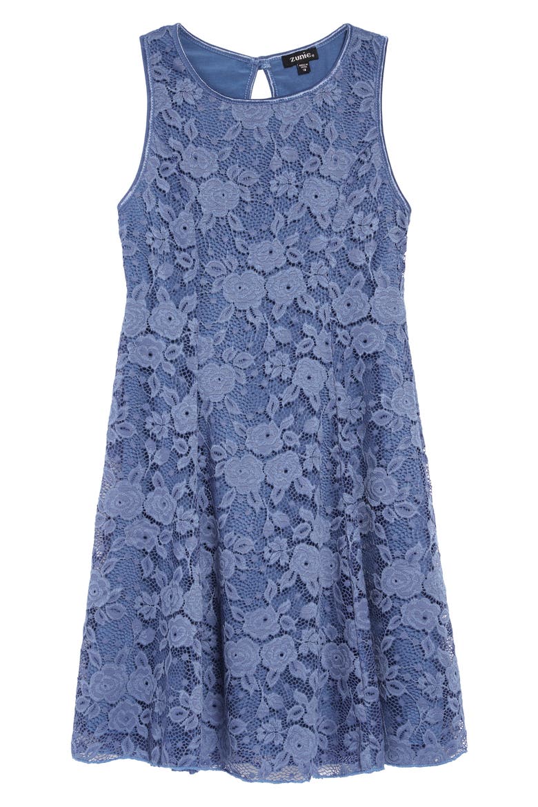 Lace Fit & Flare Dress, Main, color, BLUE DENIM