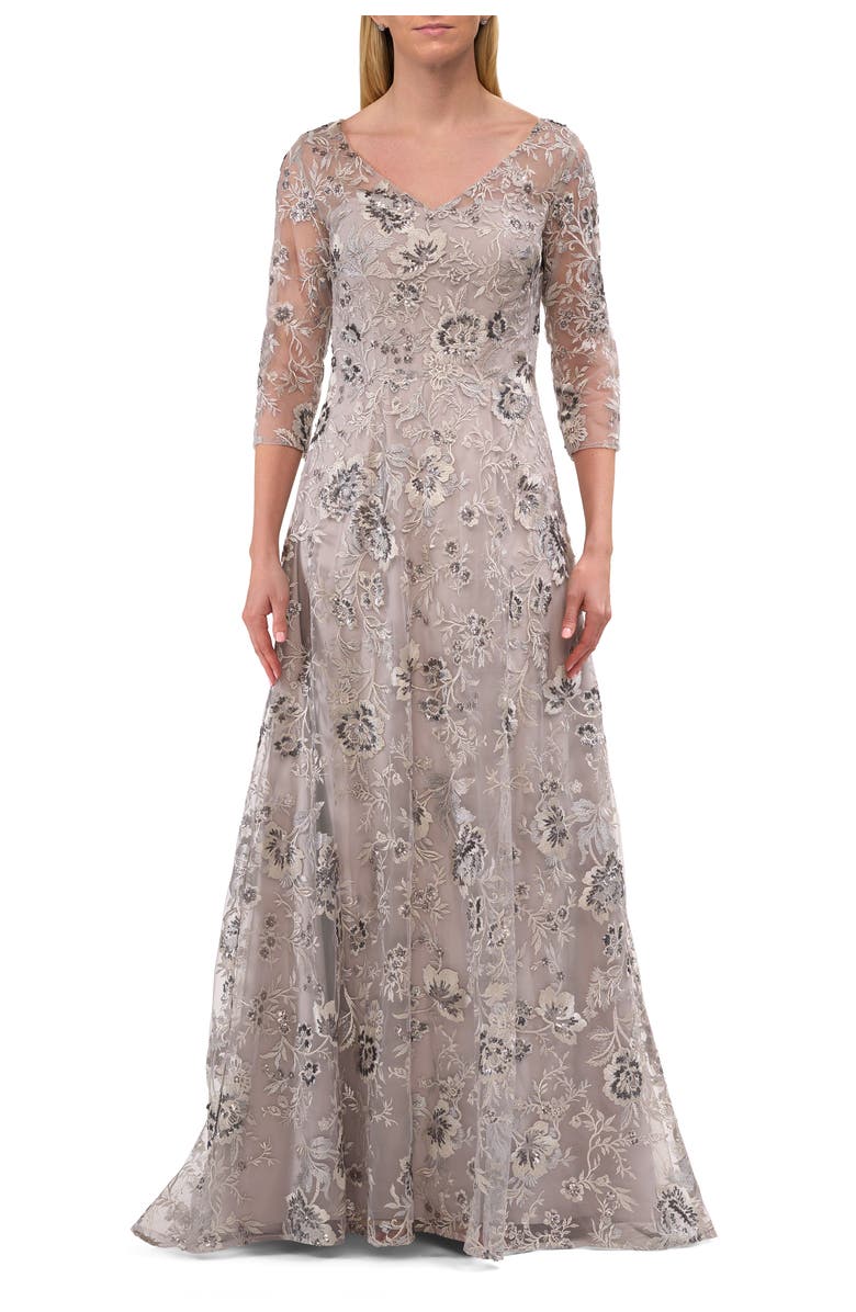 La Femme Lace Mother of the Bride Gown with V Neckline, Main, color, Silver