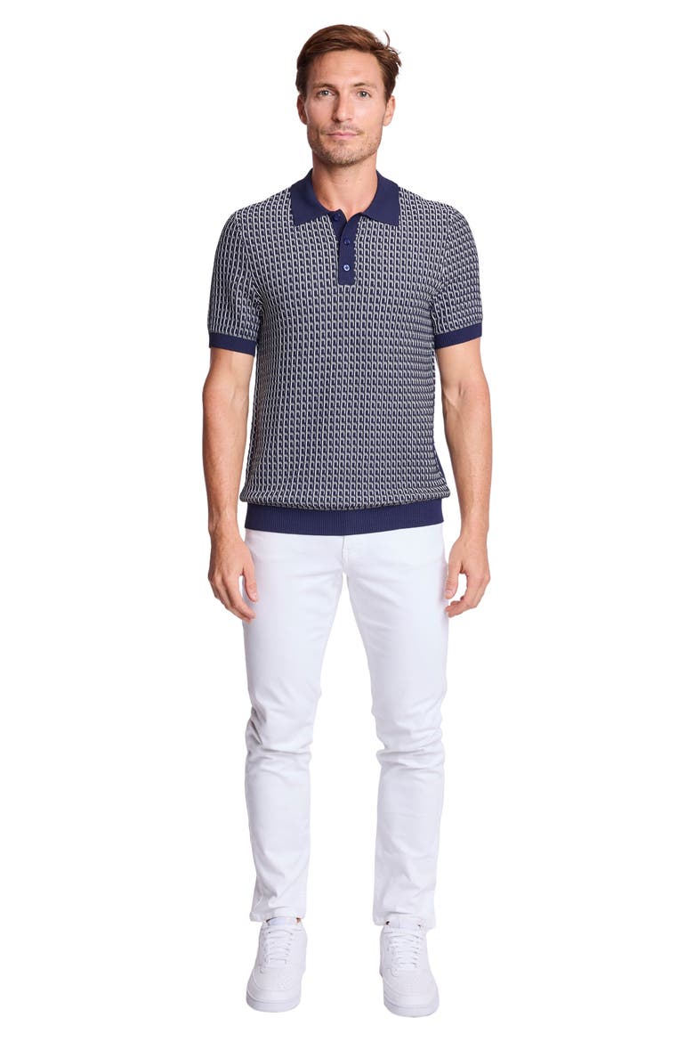 Trim Fit Geometric Knit Polo, Alternate, color, CRISP NAVY & WHITE