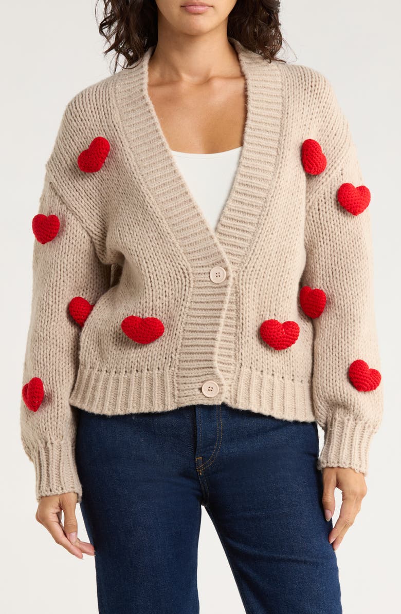 Roffe Accessories Heart Cardigan, Main, color, Oatmeal