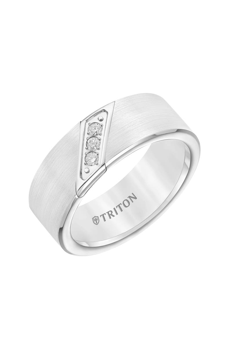 Triton 8mm White Tungsten Carbide Ring with Diagonal Set Diamonds and Satin Finish with Flat Edge, Main, color, 