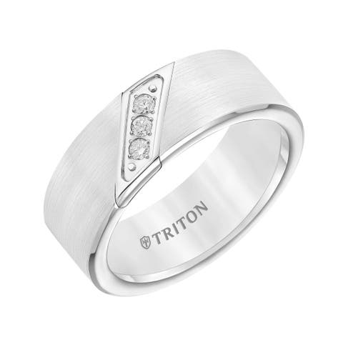 8mm White Tungsten Carbide Ring with Diagonal Set Diamonds and Satin Finish with Flat Edge