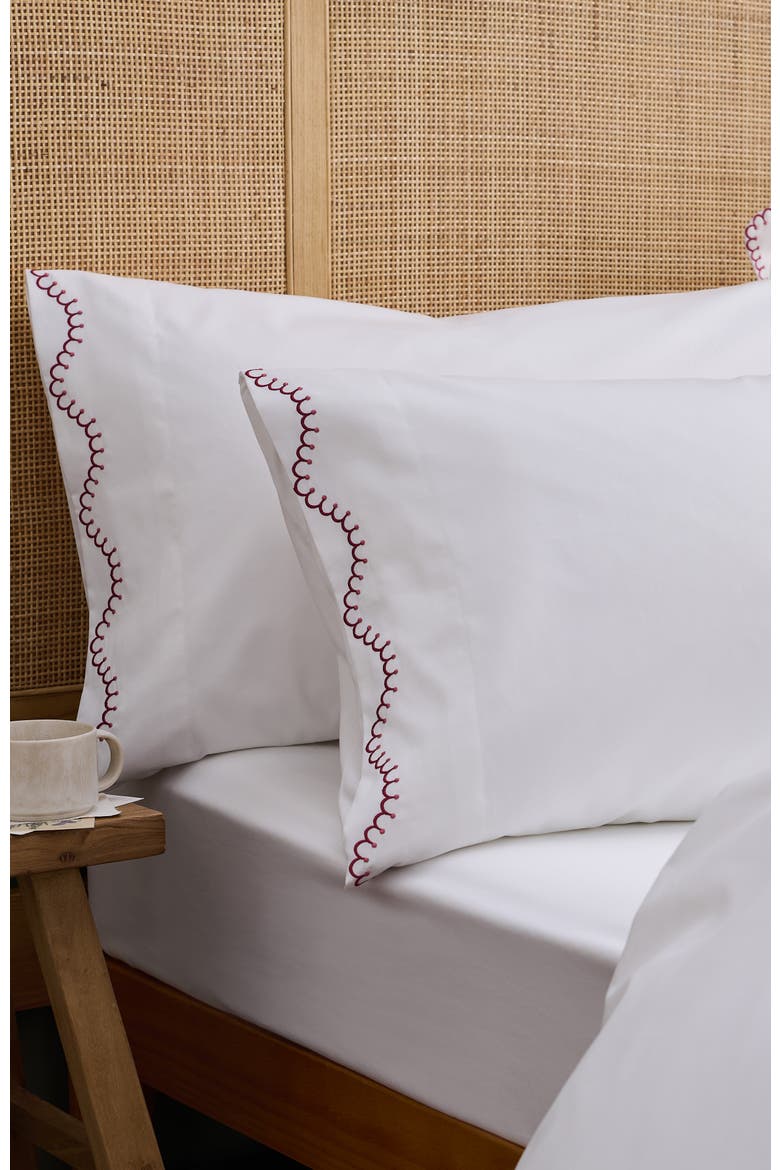 Lucerne Scallop Luxury Cotton Sateen Embroidered Sheet Set Bundles, Alternate, color, Raspberry