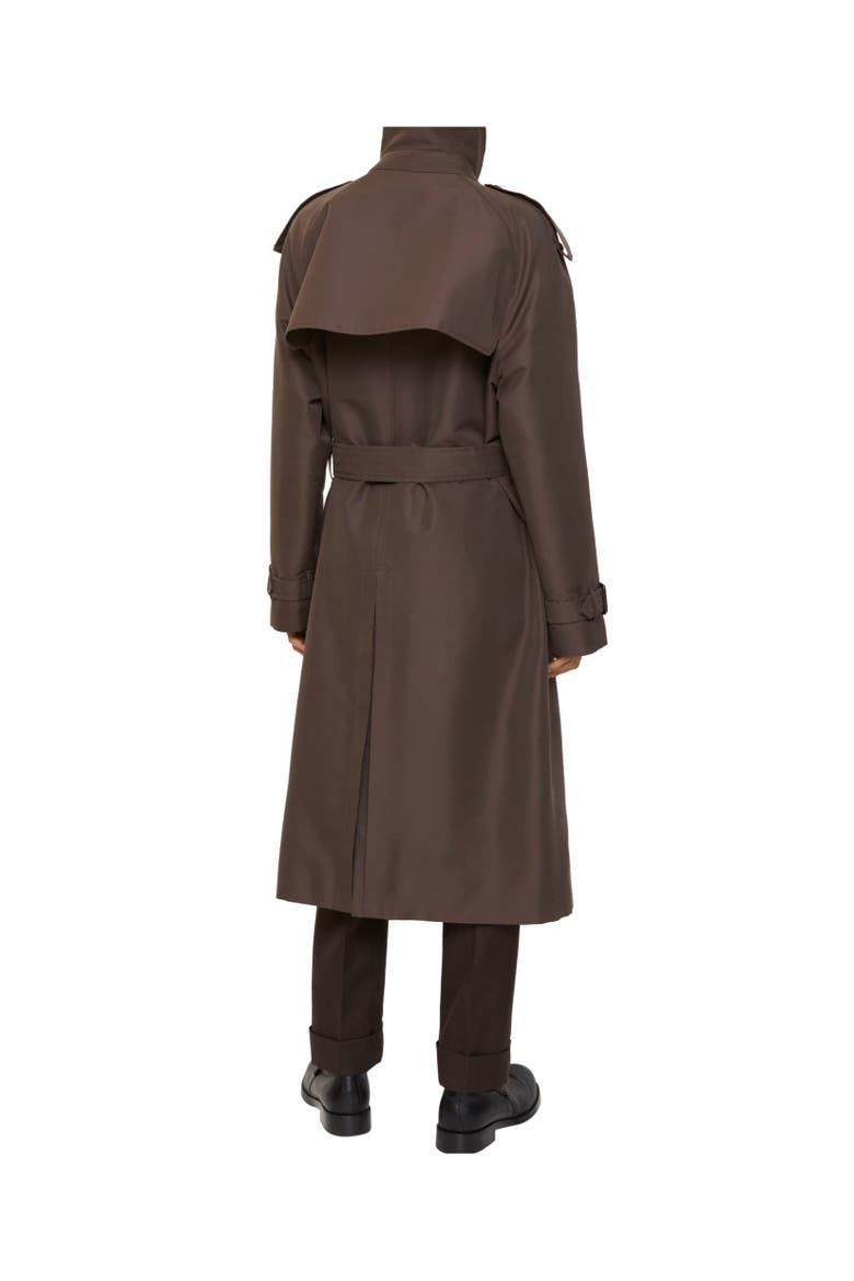 Long Check Collar Silk Cotton Trench Coat, Alternate, color, Shade brown