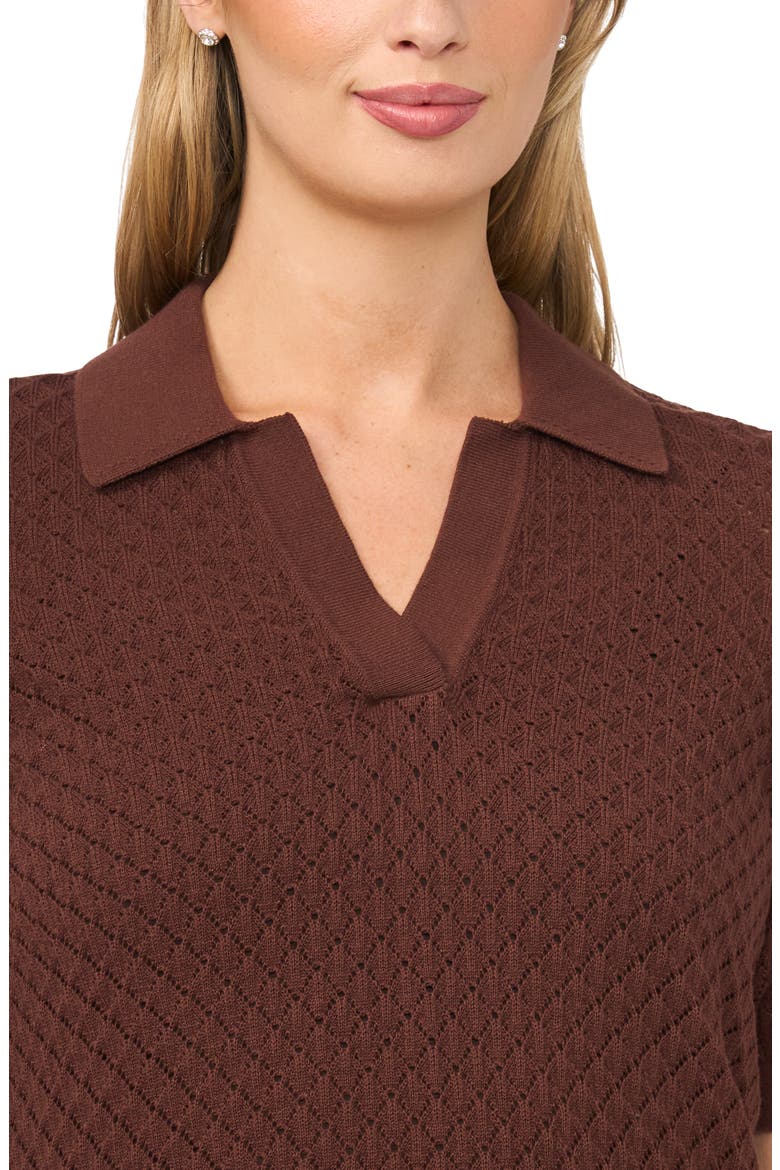 Pointelle Short Sleeve Cotton Polo Sweater, Alternate, color, CHOCOLATE FUDGE