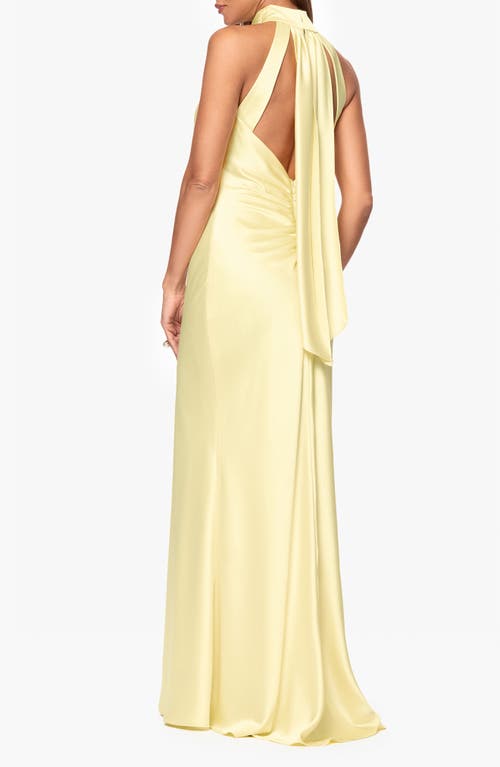 Xscape Evenings Halter Neck Satin Sheath Gown In Lemon