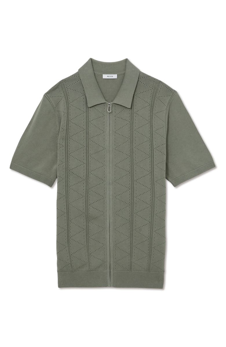 Reiss Tay Pointelle Short Sleeve Zip-Up Cardigan, Alternate, color, Sage