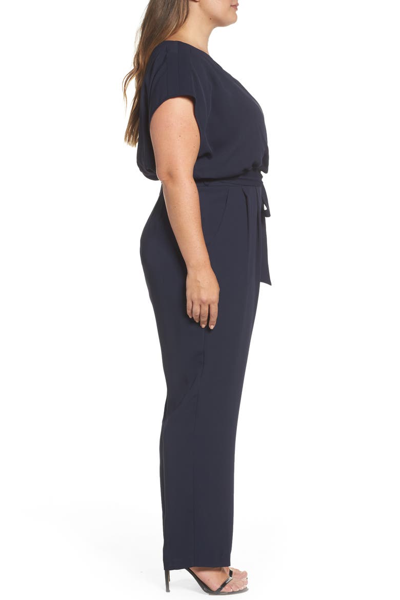 Tie Waist Crepe Wide Leg Jumpsuit, Alternate, color, NAVY